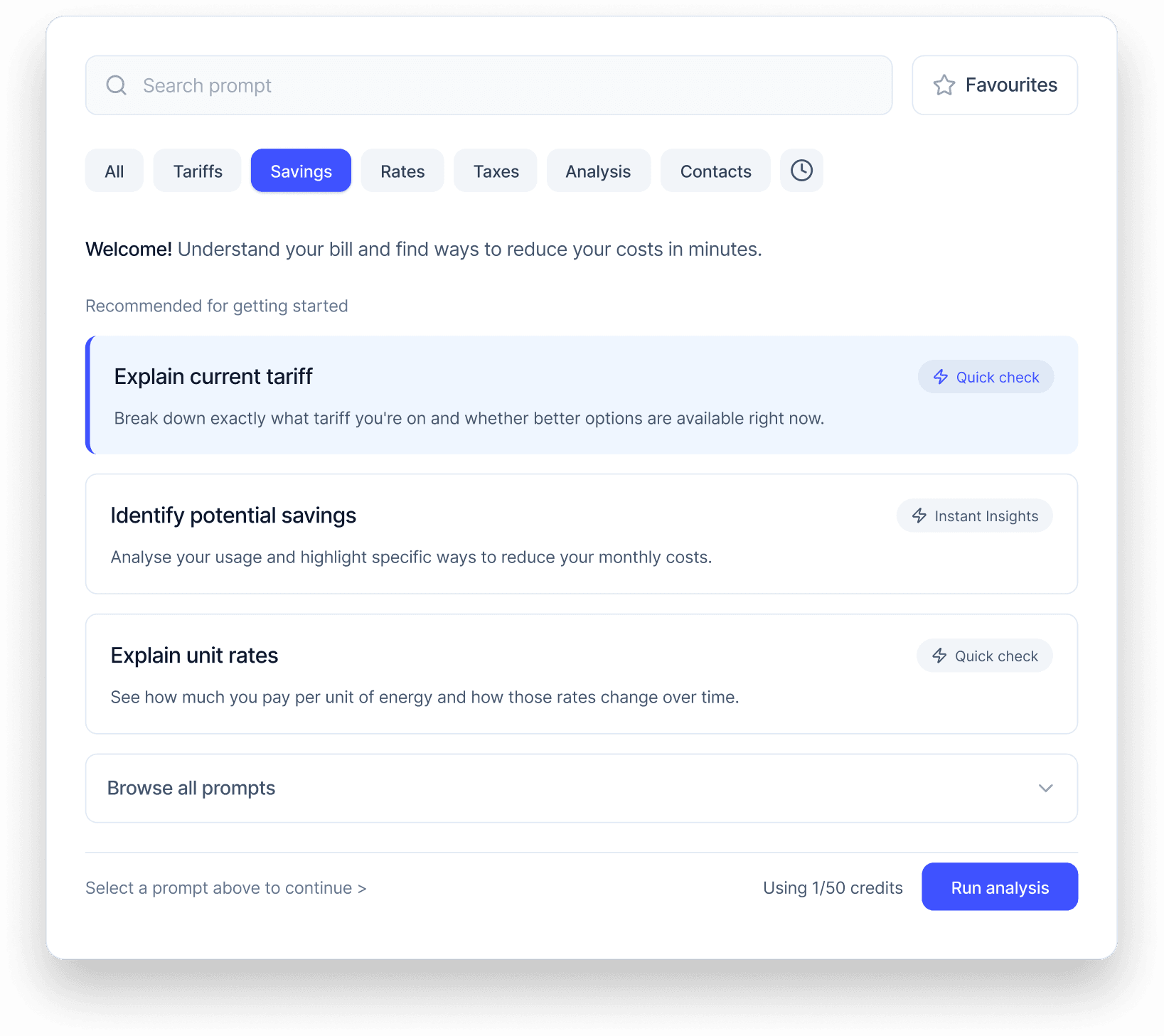 Billvra interface showing AI prompts for bill analysis